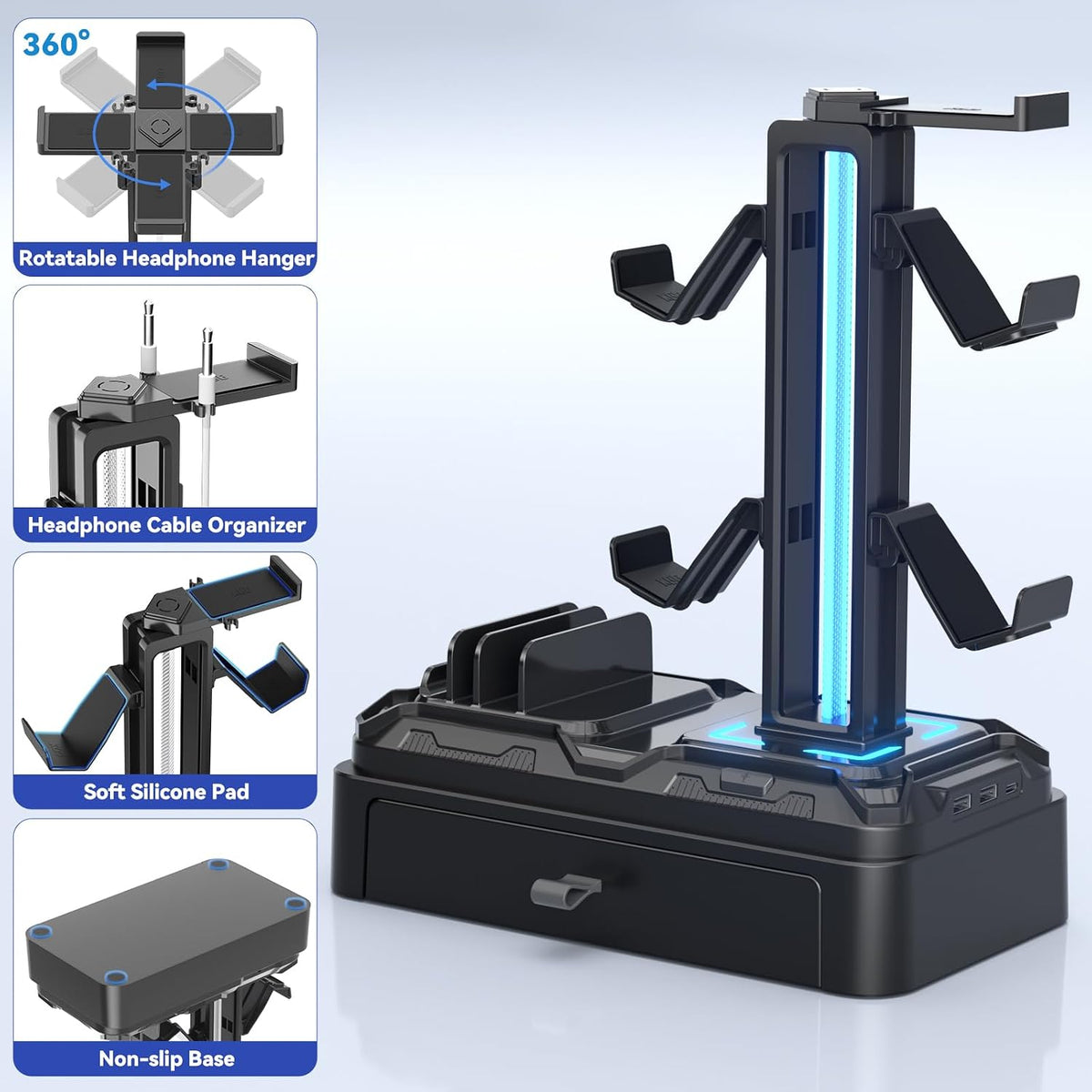 Headphone Stand with USB A&C Charger Ports - RGB Controller Stand with Detachable Hooks - Rotatable Headset Hanger & Device Slot for Phones/Tablets - Drawer Storage Base for Gaming Desk Organizer