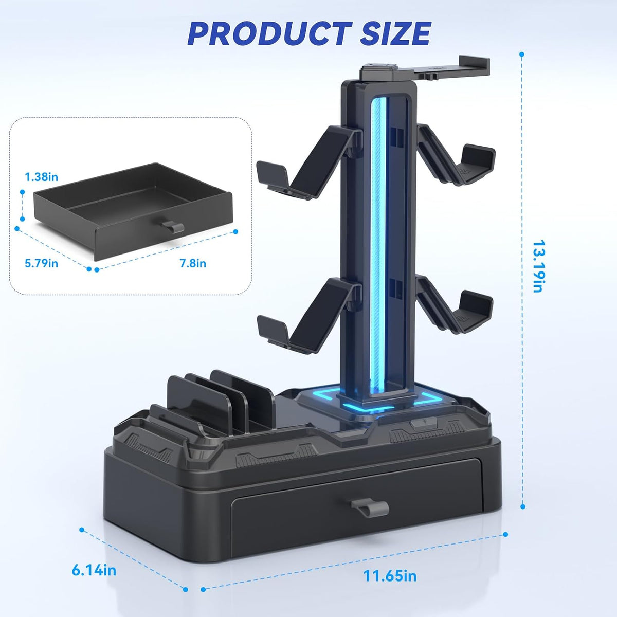 Headphone Stand with USB A&C Charger Ports - RGB Controller Stand with Detachable Hooks - Rotatable Headset Hanger & Device Slot for Phones/Tablets - Drawer Storage Base for Gaming Desk Organizer