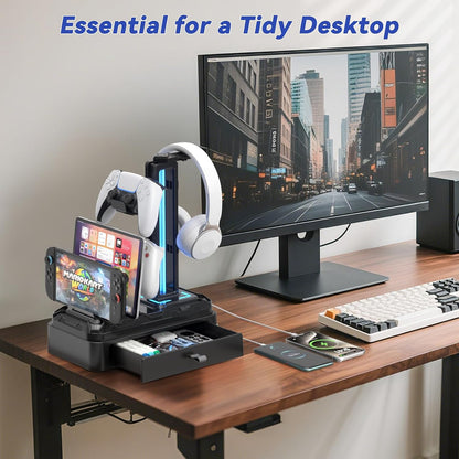 Headphone Stand with USB A&C Charger Ports - RGB Controller Stand with Detachable Hooks - Rotatable Headset Hanger & Device Slot for Phones/Tablets - Drawer Storage Base for Gaming Desk Organizer