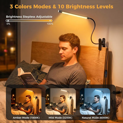 Clip on Reading Light for Books in Bed: Adjustable Dimmable Gooseneck Eye Caring LED Small Desk Table Lamps with Clamp: 3 Modes Lighting Night Lamp for Bed Headboard - Bedside（with Power Adapter）