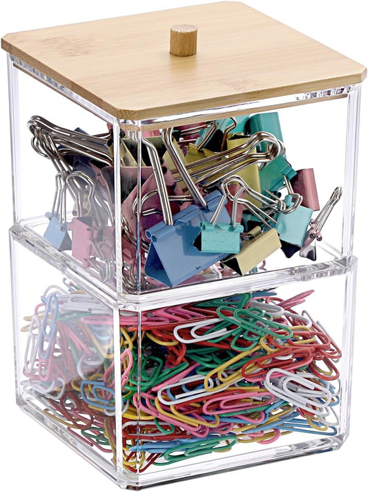Stackable Paper Clip Holder with Bamboo Lid 2-Layer Paperclip Box