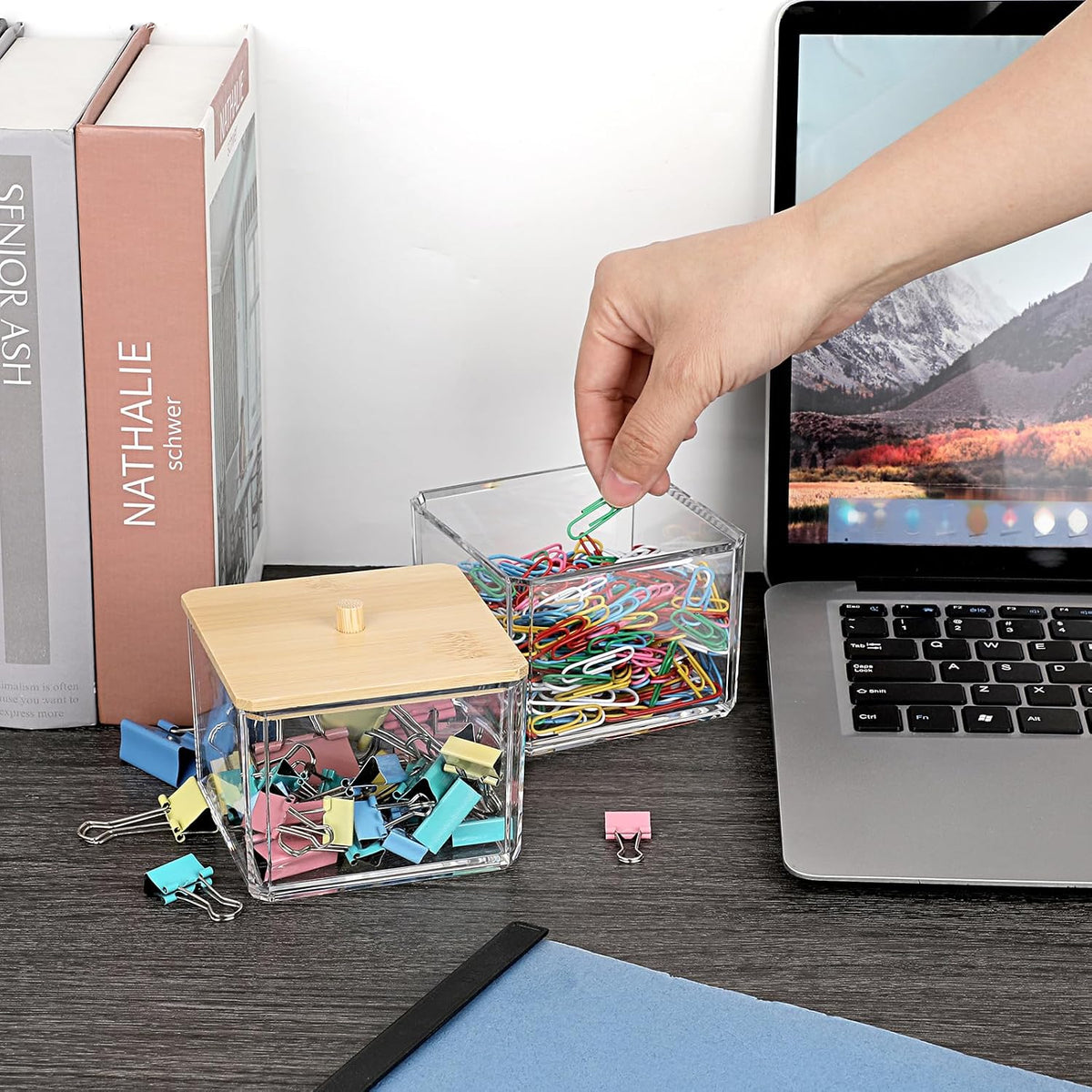 Stackable Paper Clip Holder with Bamboo Lid 2-Layer Paperclip Box