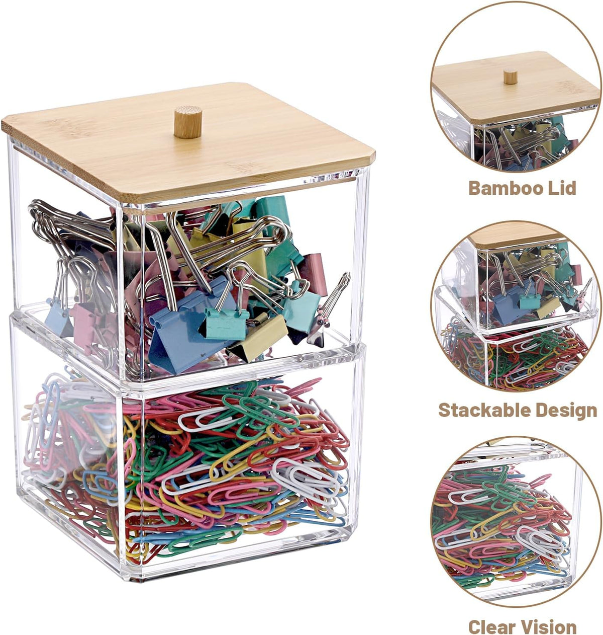 Stackable Paper Clip Holder with Bamboo Lid 2-Layer Paperclip Box