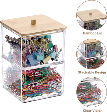 Stackable Paper Clip Holder with Bamboo Lid 2-Layer Paperclip Box