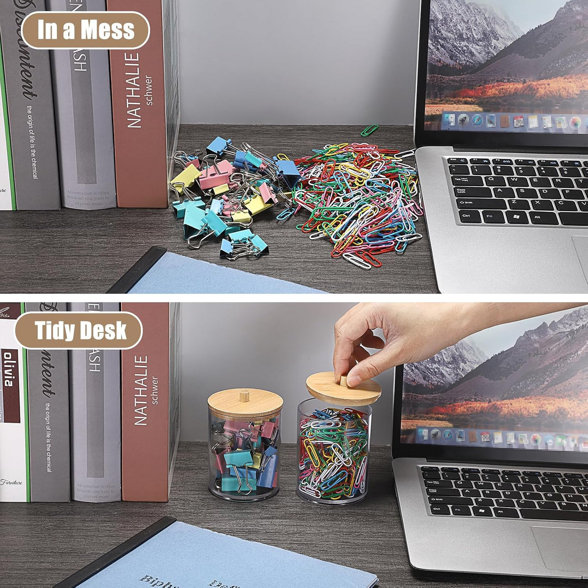 Stackable Paper Clip Holder with Bamboo Lid 2-Layer Paperclip Box