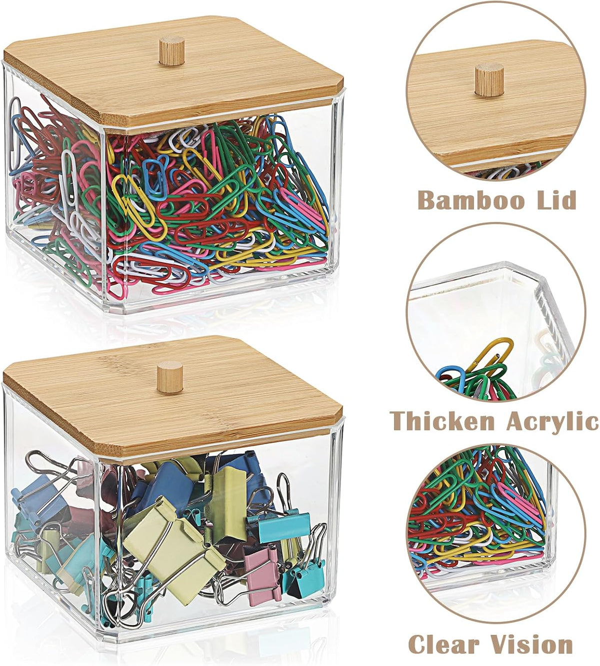 Stackable Paper Clip Holder with Bamboo Lid 2-Layer Paperclip Box