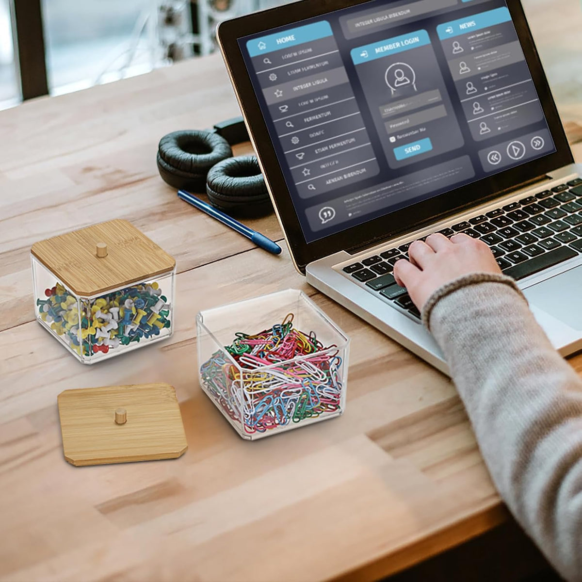 Stackable Paper Clip Holder with Bamboo Lid 2-Layer Paperclip Box
