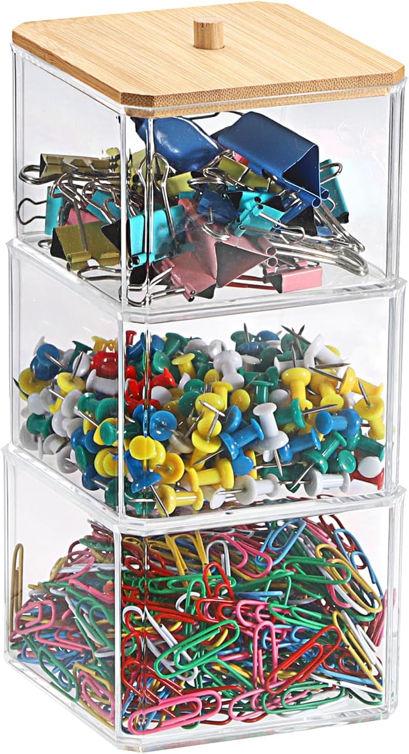 Stackable Paper Clip Holder with Bamboo Lid 2-Layer Paperclip Box