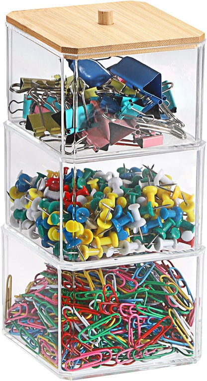 Stackable Paper Clip Holder with Bamboo Lid 2-Layer Paperclip Box