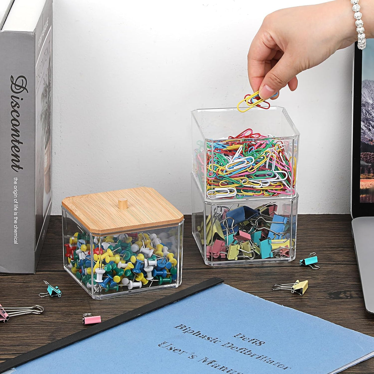 Stackable Paper Clip Holder with Bamboo Lid 2-Layer Paperclip Box