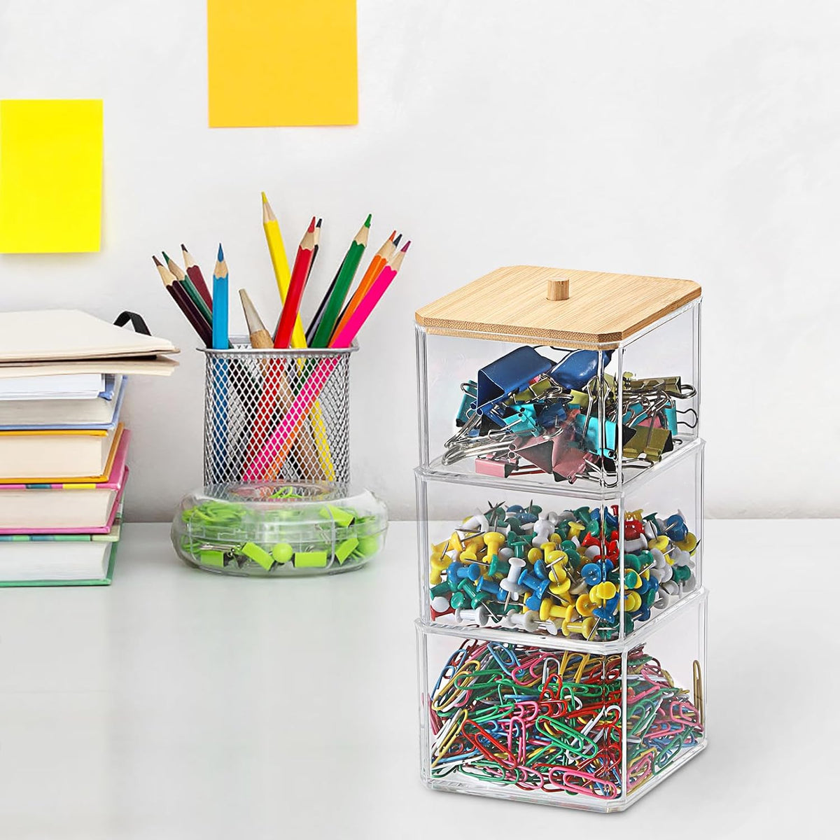 Stackable Paper Clip Holder with Bamboo Lid 2-Layer Paperclip Box