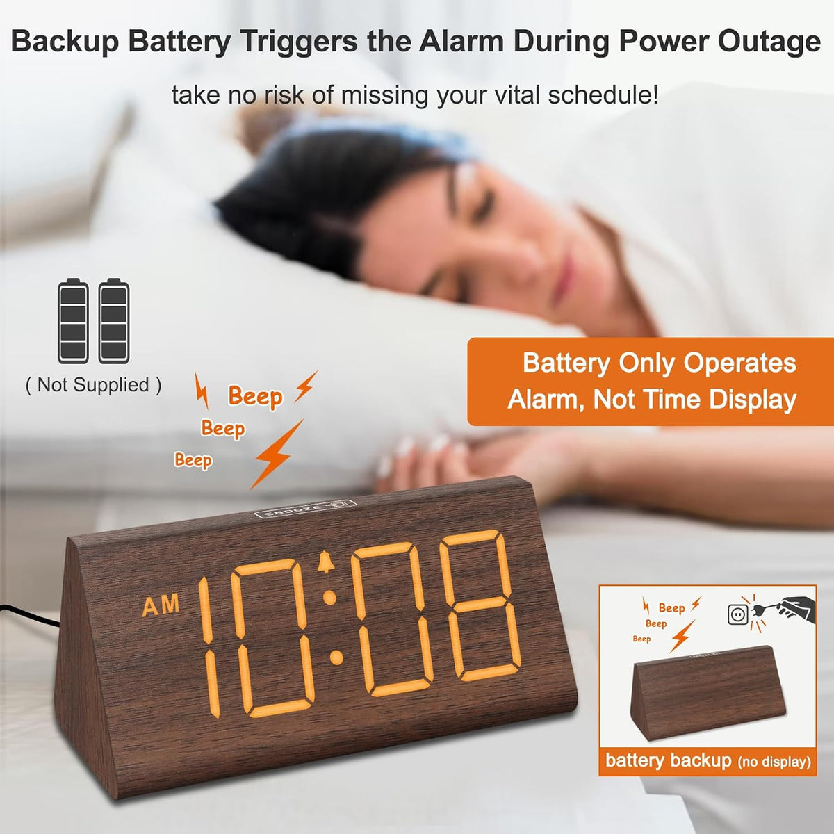 Wooden Digital Alarm Clock for Bedrooms Desk with Large Numbers