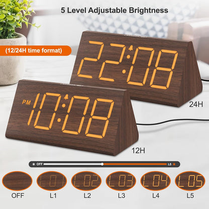 Wooden Digital Alarm Clock for Bedrooms Desk with Large Numbers