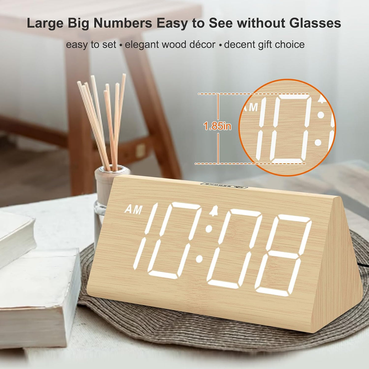 Wooden Digital Alarm Clock for Bedrooms Desk with Large Numbers