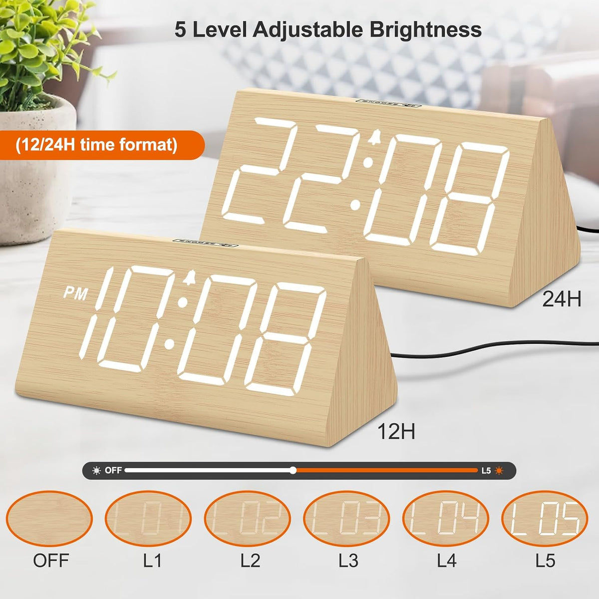 Wooden Digital Alarm Clock for Bedrooms Desk with Large Numbers