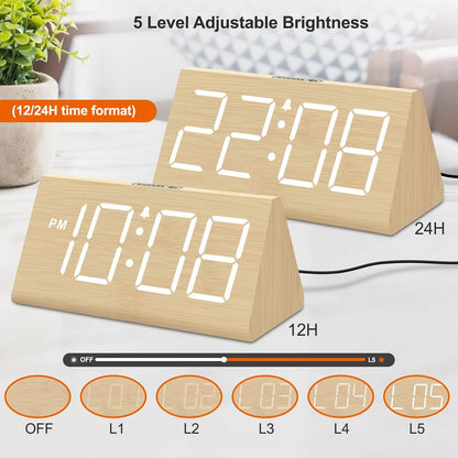 Wooden Digital Alarm Clock for Bedrooms Desk with Large Numbers