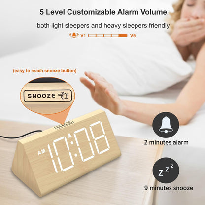 Wooden Digital Alarm Clock for Bedrooms Desk with Large Numbers