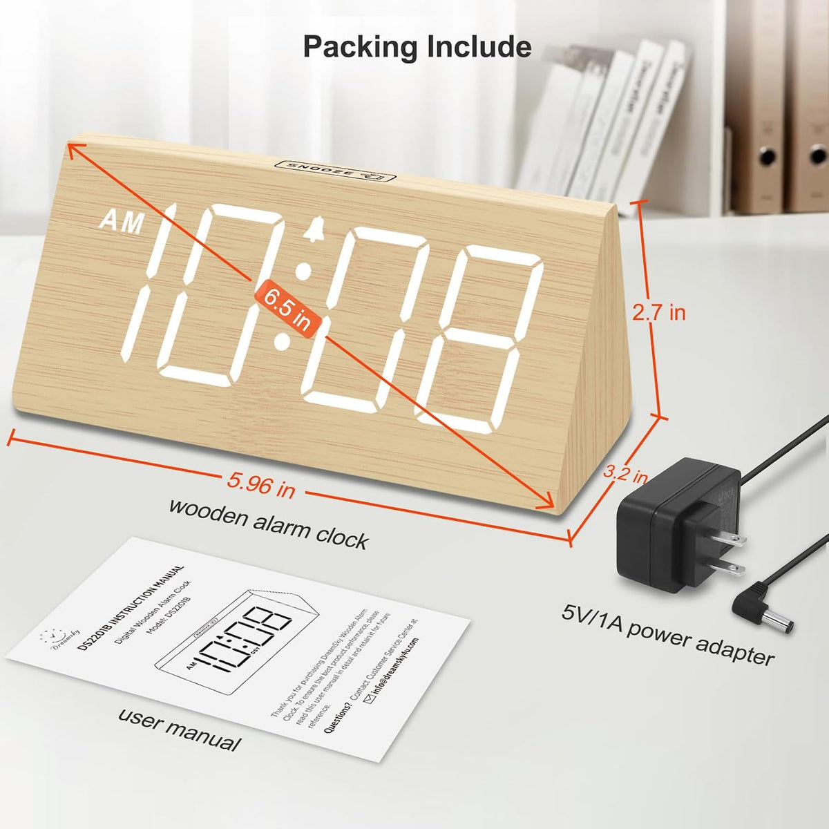 Wooden Digital Alarm Clock for Bedrooms Desk with Large Numbers
