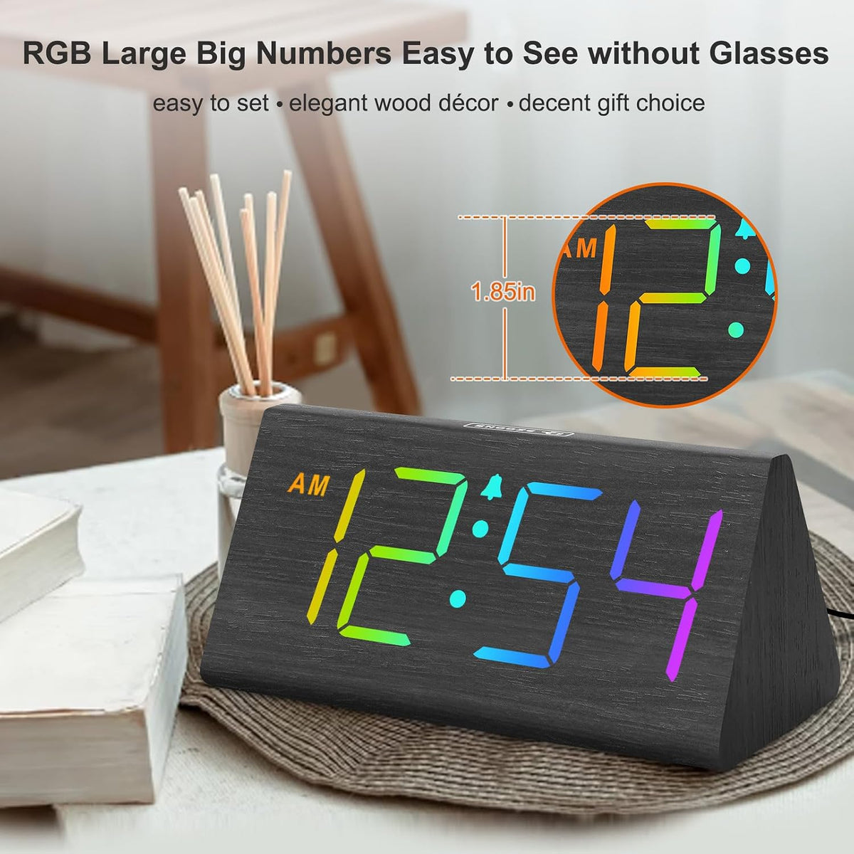 Wooden Digital Alarm Clock for Bedrooms Desk with Large Numbers