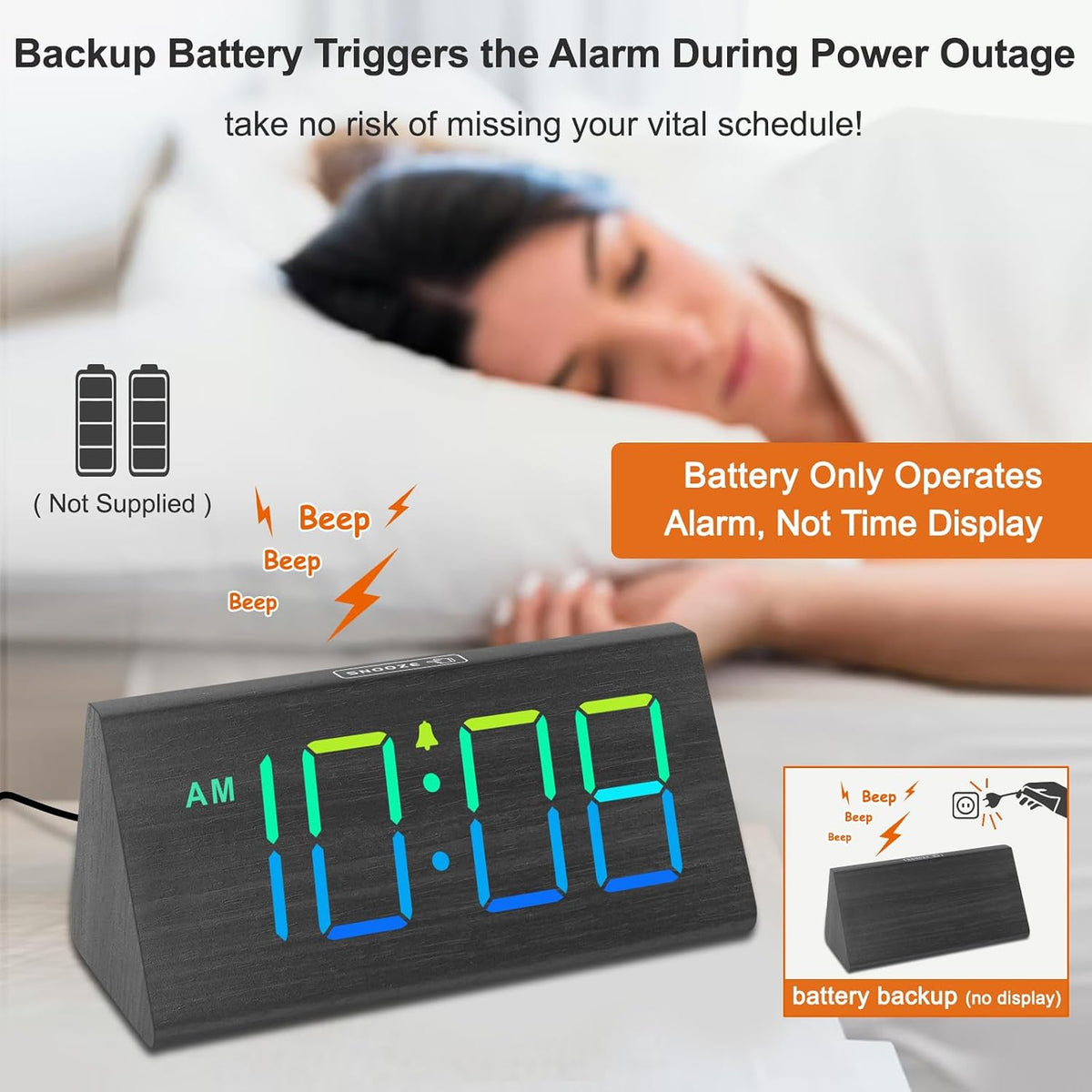 Wooden Digital Alarm Clock for Bedrooms Desk with Large Numbers