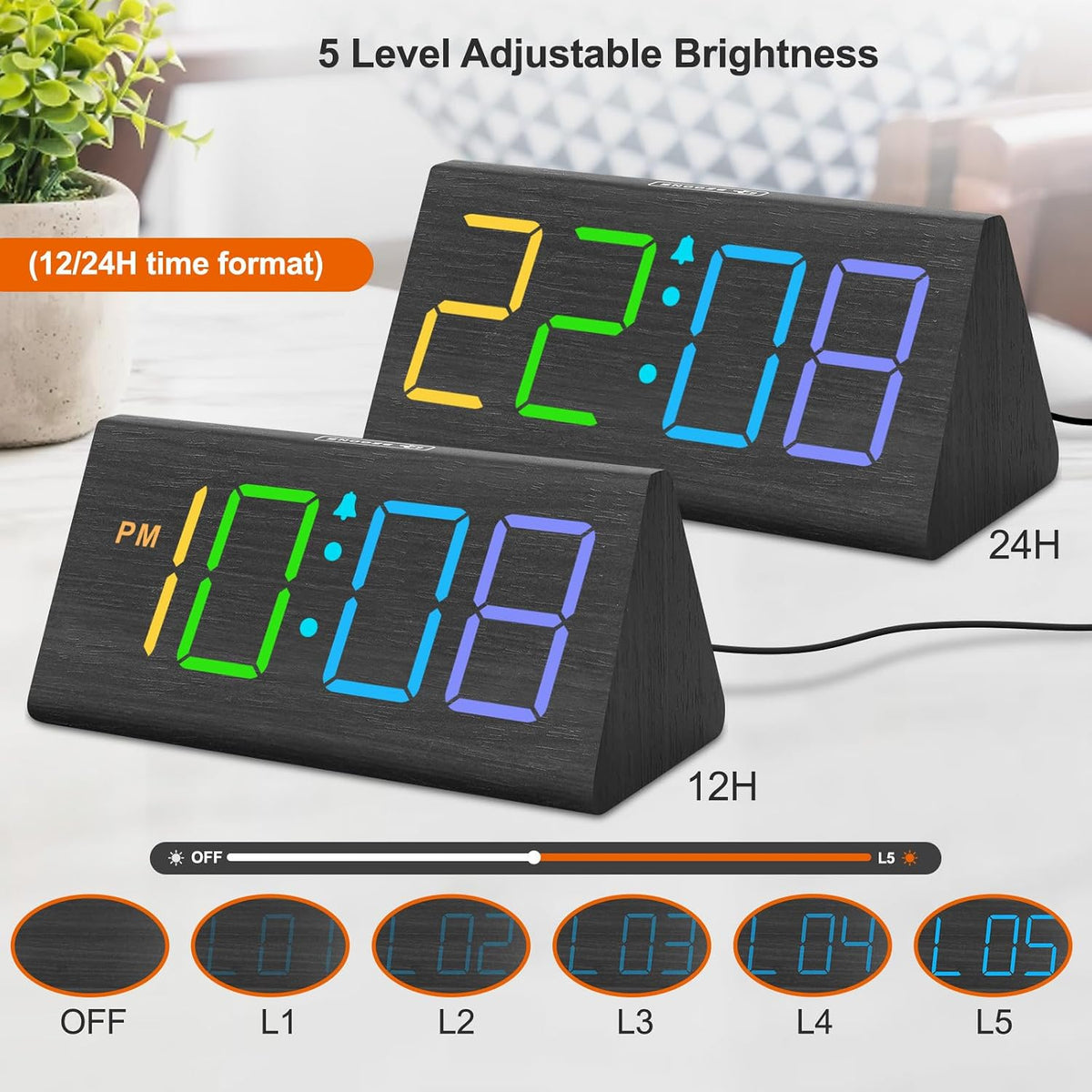 Wooden Digital Alarm Clock for Bedrooms Desk with Large Numbers