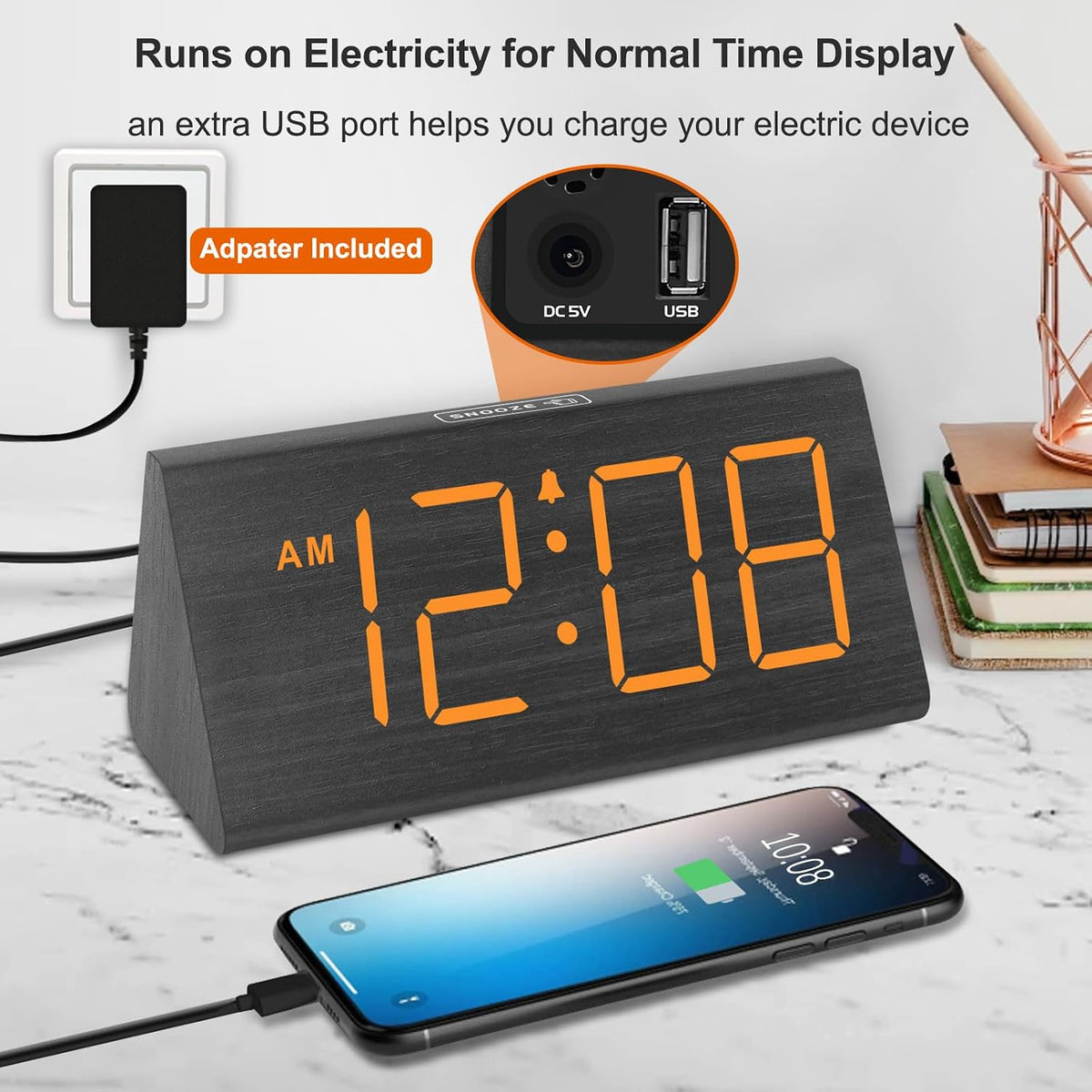 Wooden Digital Alarm Clock for Bedrooms Desk with Large Numbers