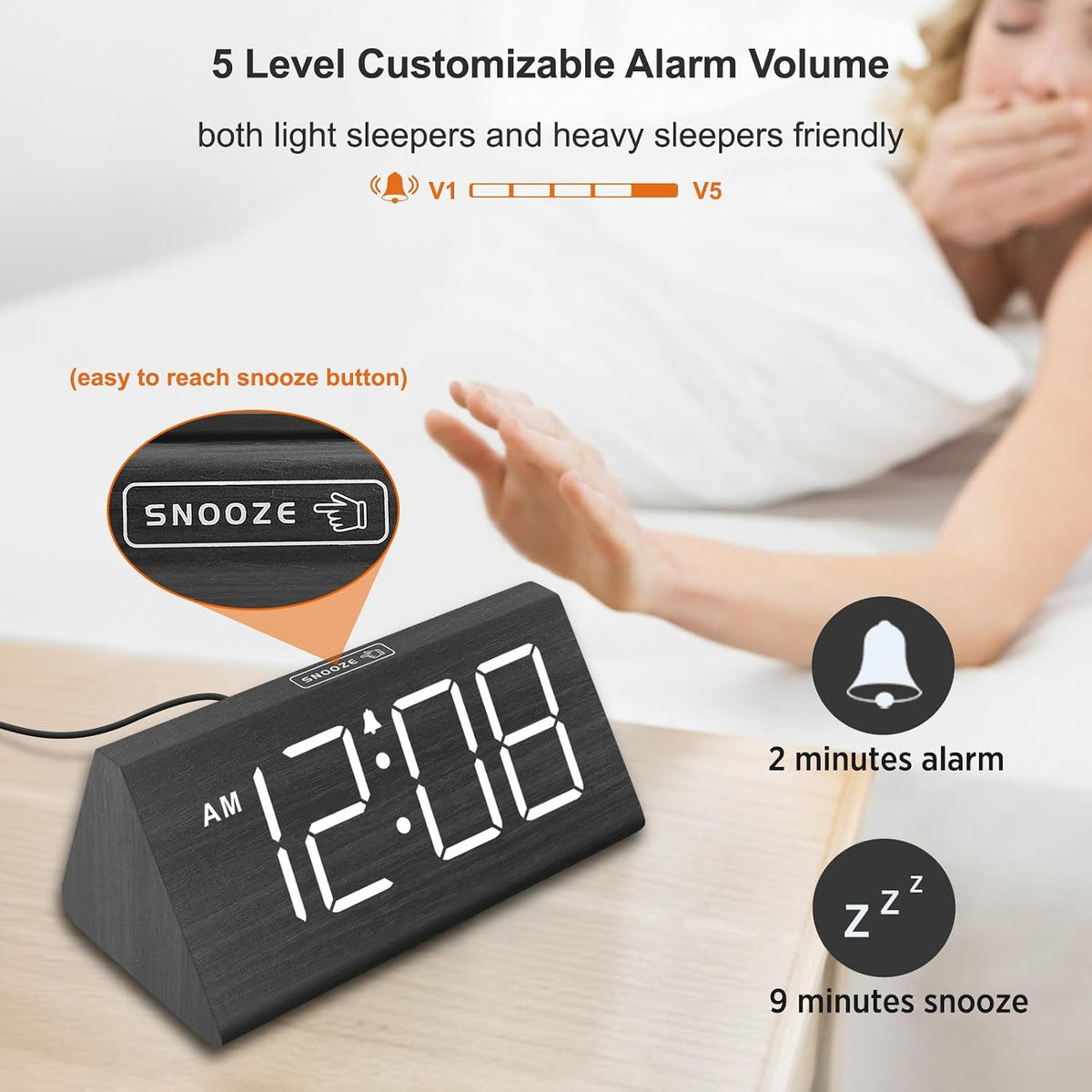 Wooden Digital Alarm Clock for Bedrooms Desk with Large Numbers
