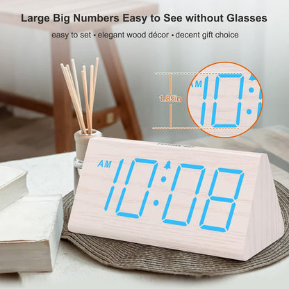 Wooden Digital Alarm Clock for Bedrooms Desk with Large Numbers