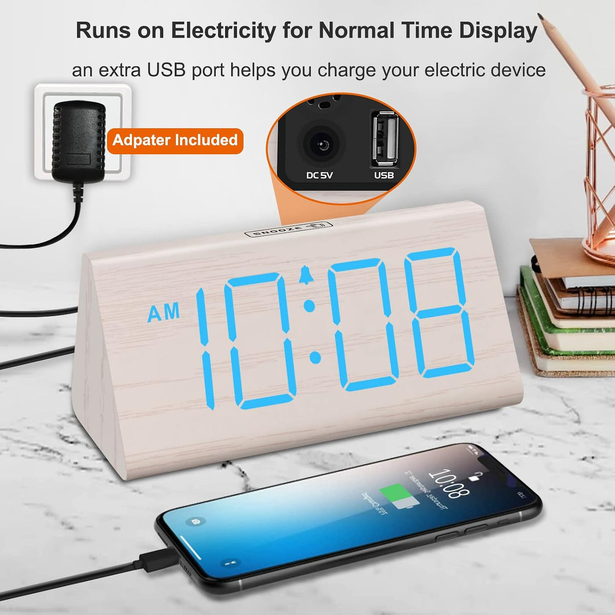 Wooden Digital Alarm Clock for Bedrooms Desk with Large Numbers