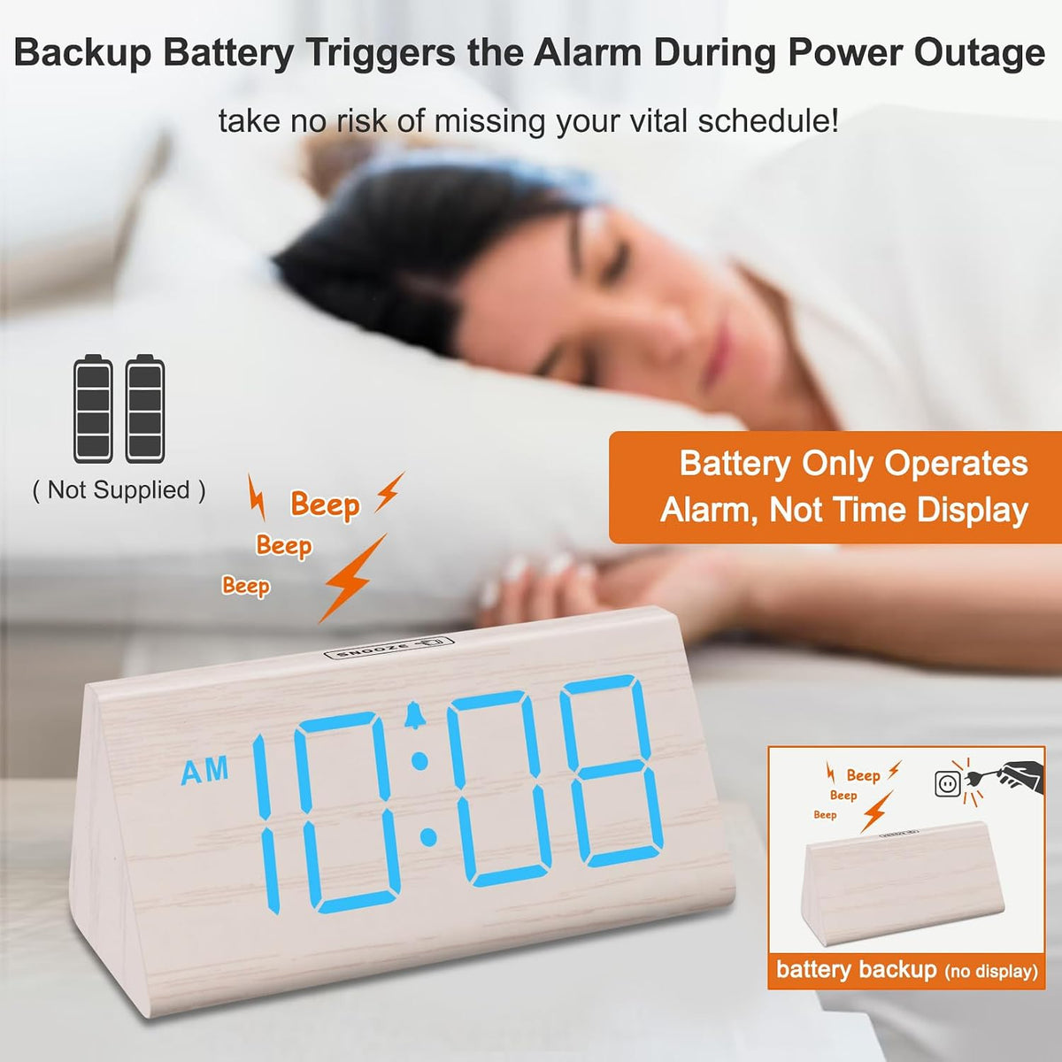 Wooden Digital Alarm Clock for Bedrooms Desk with Large Numbers