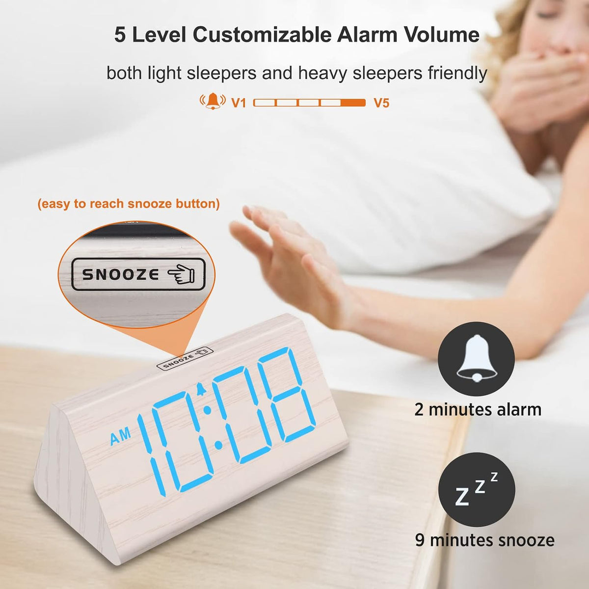 Wooden Digital Alarm Clock for Bedrooms Desk with Large Numbers