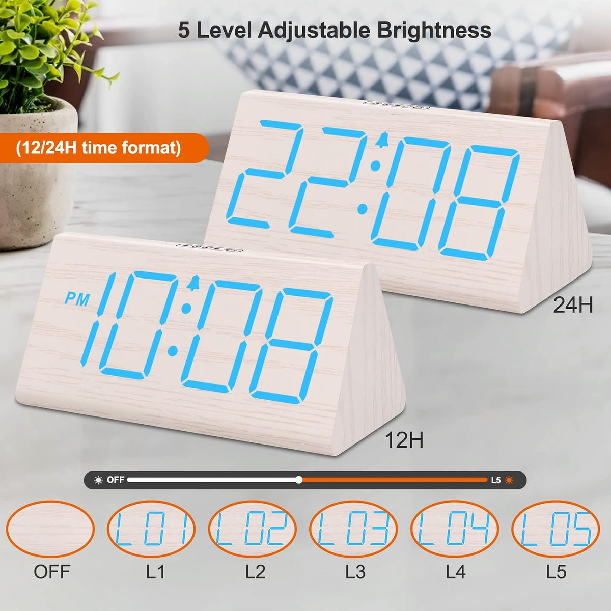 Wooden Digital Alarm Clock for Bedrooms Desk with Large Numbers
