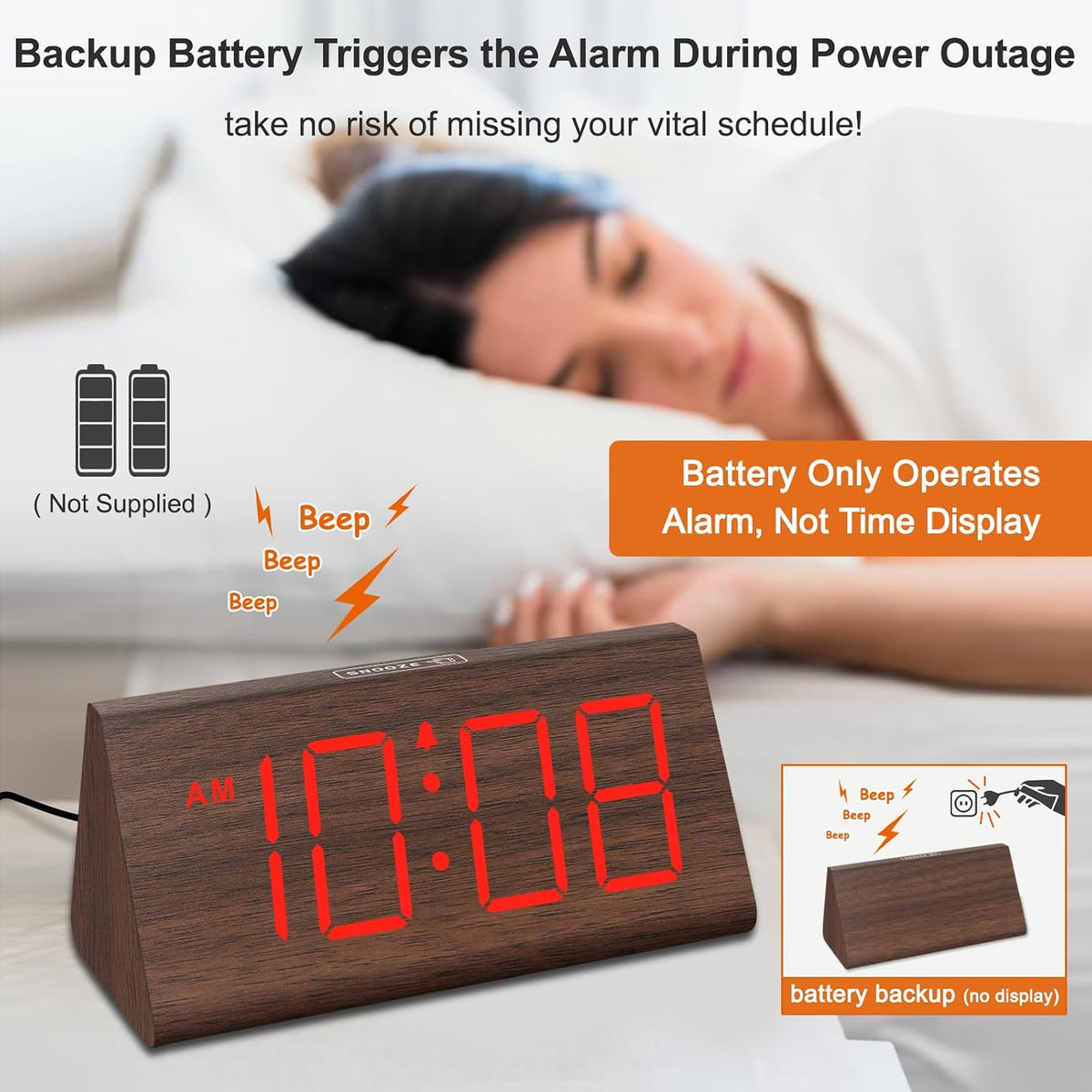 Wooden Digital Alarm Clock for Bedrooms Desk with Large Numbers