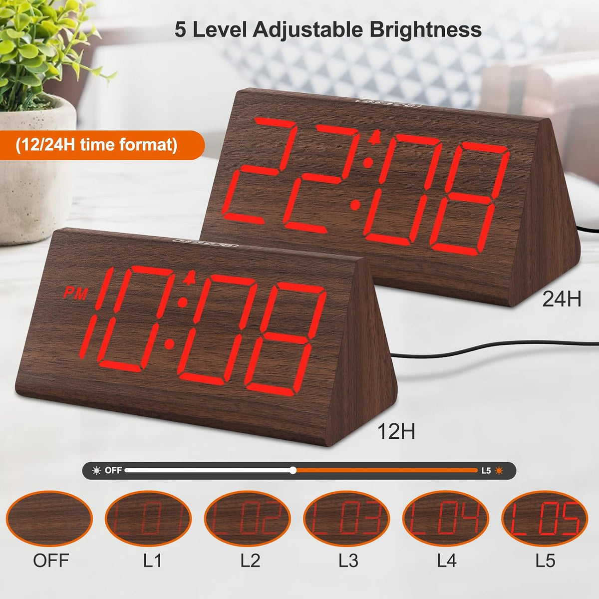 Wooden Digital Alarm Clock for Bedrooms Desk with Large Numbers