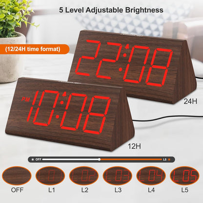 Wooden Digital Alarm Clock for Bedrooms Desk with Large Numbers