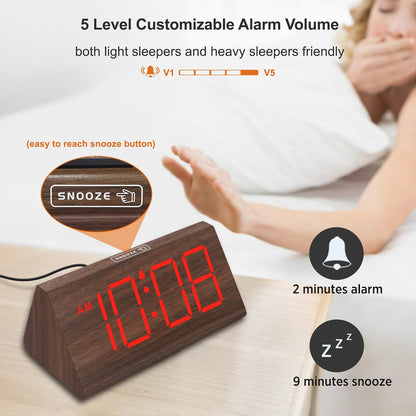 Wooden Digital Alarm Clock for Bedrooms Desk with Large Numbers