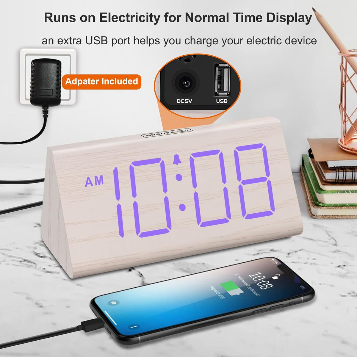 Wooden Digital Alarm Clock for Bedrooms Desk with Large Numbers