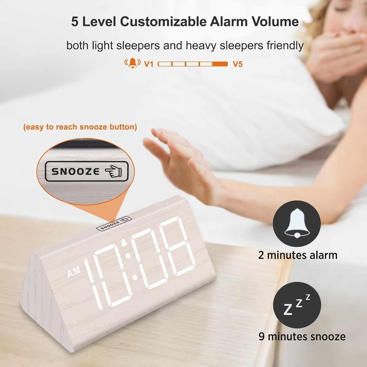 Wooden Digital Alarm Clock for Bedrooms Desk with Large Numbers