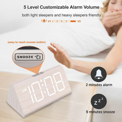 Wooden Digital Alarm Clock for Bedrooms Desk with Large Numbers