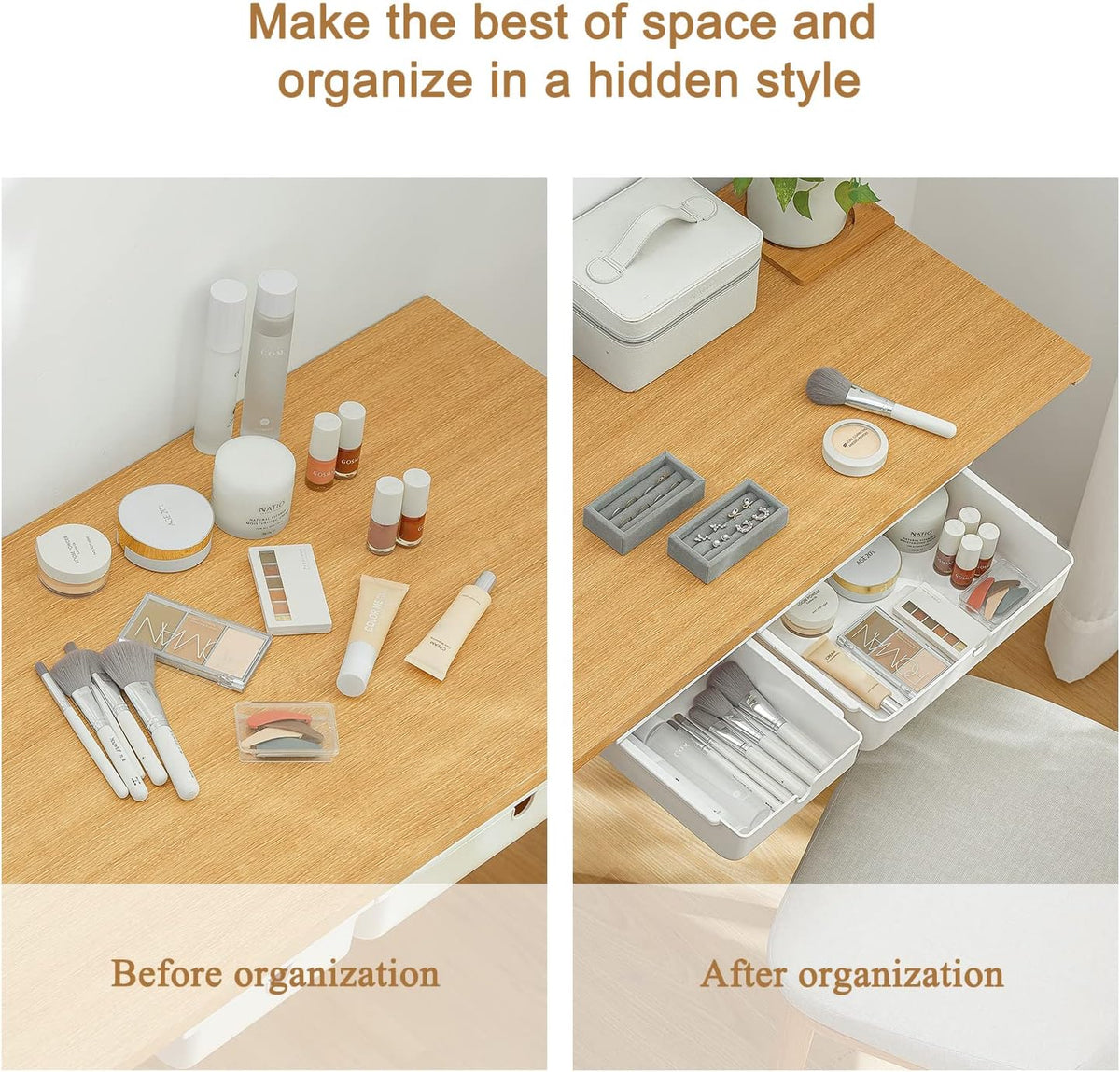Under Desk Drawer for Stationery, Adhesive Slide Out, Large