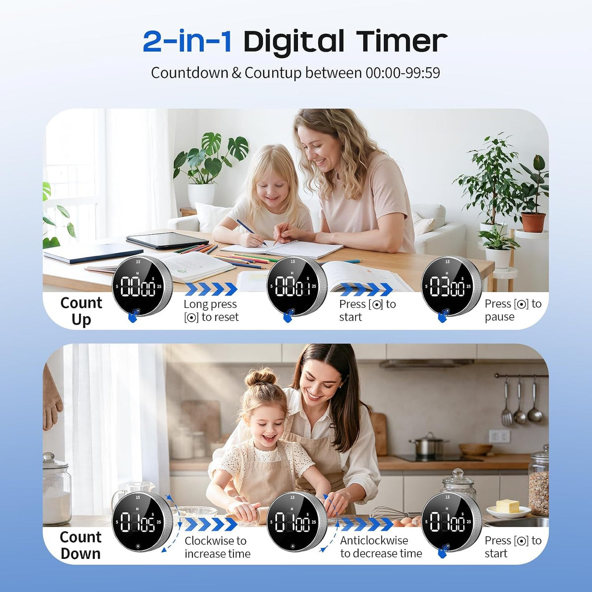 Digital Kitchen Timer, Magnetic Visual Timer with Large LED Display