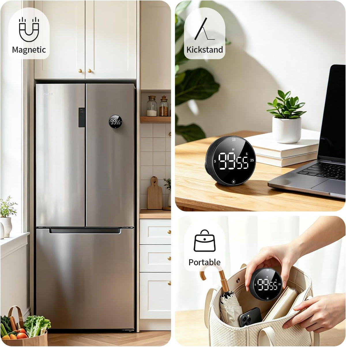 Digital Kitchen Timer, Magnetic Visual Timer with Large LED Display