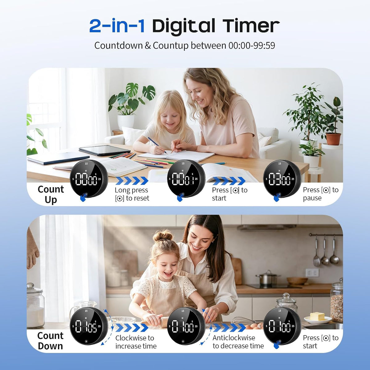 Digital Kitchen Timer, Magnetic Visual Timer with Large LED Display