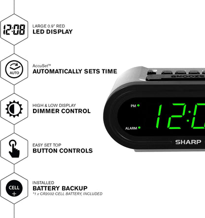AccuSet Self-Setting Alarm Clock with Auto DST, Green LED