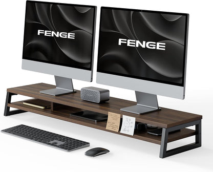 Dual Monitor Riser for Desk, Open Shelf with 3 Storage Compartments