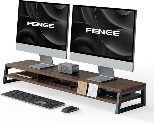 Dual Monitor Riser for Desk, Open Shelf with 3 Storage Compartments