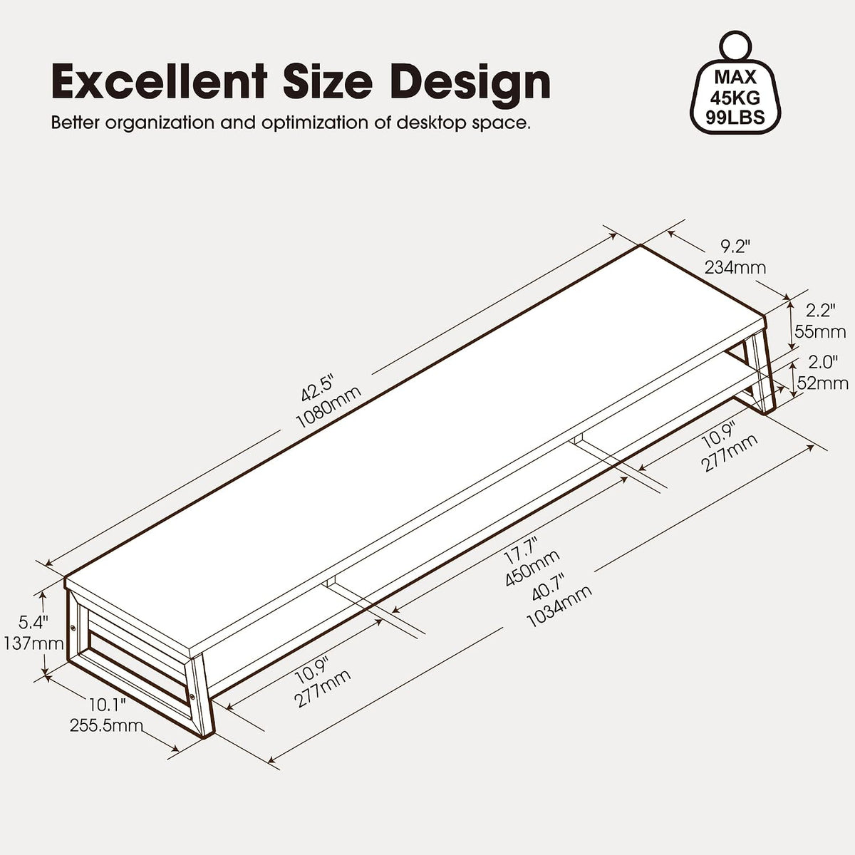 Dual Monitor Riser for Desk, Open Shelf with 3 Storage Compartments