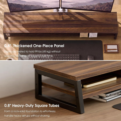 Dual Monitor Riser for Desk, Open Shelf with 3 Storage Compartments