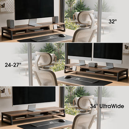 Dual Monitor Riser for Desk, Open Shelf with 3 Storage Compartments