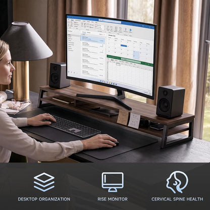 Dual Monitor Riser for Desk, Open Shelf with 3 Storage Compartments